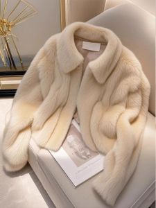 Unique Short Mink Fur Jacket Womens Fashionable Versatile High-End Sensation Light Beige Plush Outerwear for This Year