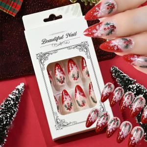 24Pcs Euramerican Christmas Press On Nails Red Short Almond Snowflakes Pine Leaf French Fake Nails Winter Xmas False Nails Tips