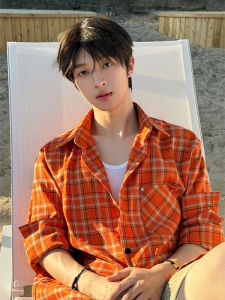 CHENMU | Dopamine Orange Check Shirt For Men Summer Casual Loose Fit Lightweight Sun Protection