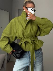 Spring Autumn Women Green Lapel Trench Long Sleeve Single Breasted Female Jackets Coat Top Elegant Revivalism Womens Clothing