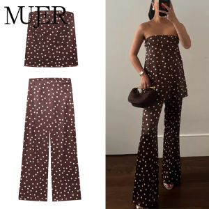 MUJER Polka Dot Pants Set Women 2 Piece Satin High Waist Woman Trousers Suits Corset Crop Top Woman Summer Outfit Womens Pants