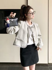 New Chinese Style Short Coat Womens Spring Autumn New Elegance Small Fragrance Style Button Slimming Top Commute Straight Tube Long Sleeve Pure Color