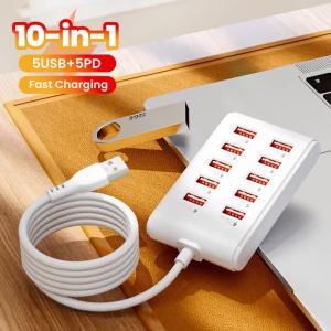 Ổ Cắm Sạc USB 10 Cổng Sạc Nhanh Trạm Sạc Để Bàn 5USB + 5PD Cắm Vào Ổ Cắm Điện Có USB2.0 Cho Điện Thoại Di Động