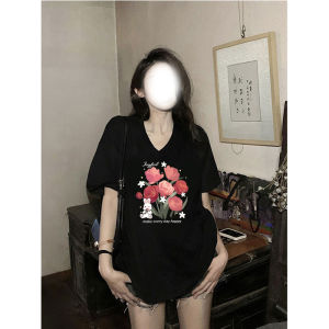 Áo Thun Cotton Cổ Chữ V Tay Ngắn Mùa Hè Cho Nữ Dáng Rộng Thoải Mái Thời Trang Thường Ngày Phong Cách Hàn Quốc Cỡ Lớn