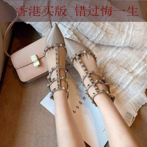 รองเท้าส้นสูงหัวเข็มขัดหนังแท้สีเปล่าและสีดำสำหรับผู้หญิง รองเท้าแตะหัวเข็มขัดแบบหัวเข็มขัดสามวงแหวน รองเท้าแฟชั่นฤดูร้อน