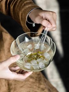 Thickened Glass Bowl with Spoon Petal Design High Temperature Resistant for Cold Steep Tea Specialized in Green Tea Dessert Salad Bowl