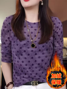 เสื้อยืดแขนยาวบุขนแกะหนาสำหรับผู้หญิง ฤดูใบไม้ร่วง/ฤดูหนาว เสื้อชั้นในสีม่วงลายจุด ทรงหลวม สไตล์เกาหลี วัสดุโพลีเอสเตอร์