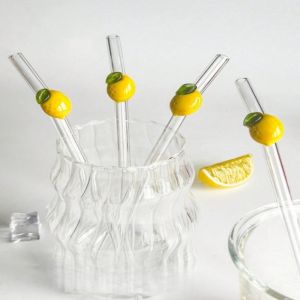 8PCS Lemon Print Glass Straw Reusable & Vibrant | for Iced Tea Lemonade Cocktails | Cute Gift for Kitchen Party Travel