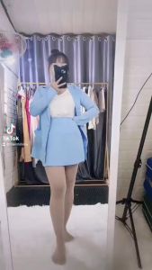 [HCM]Sét 3 món áo vest xanh + chân váy xanh + áo lót