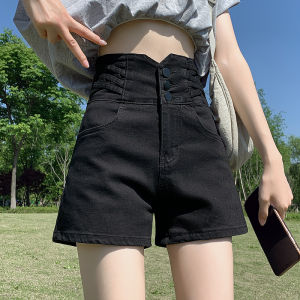 High Waist A-Line Denim Shorts Womens Summer Slimming Button Detail Elastic Wide Leg Hot Pants plus Size Black Jeans Shorts