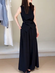 Karrar betsey | Sleeveless Waist-Shaping Top High-Waist Flowy Wide-Leg Pants Set