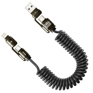 240W 4-in-1 Spring Short Data Cable 6A USB Type C Quick Charger Wire for iPhone iPad MacBook - Portable Spring USB Cable