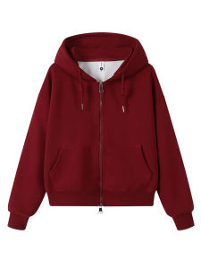 Womens Spring Autumn Zipper Hoodie Jacket Short Style Korean Version Red Color Block Long Sleeve Comfortable Fit Sweatshirt