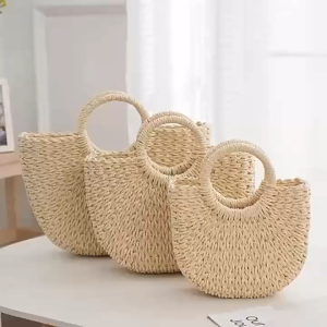กระเป๋าสะพายไหล่ผู้หญิงสไตล์มินิมอลที่มีศิลปะและมีสไตล์ กระเป๋าผู้หญิงสานด้วยฟางกระดาษทรงกลมสไตล์สร้อยข้อมือ กระเป๋าชายหาดสำหรับพักผ่อน