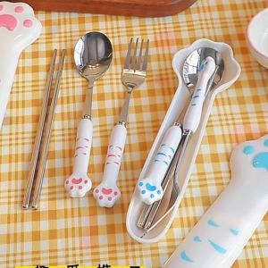 Bộ Muỗng Đũa Nĩa 3 Trong 1 Hình Chân Mèo Hoạt Hình Cute Không Gỉ - Bộ Đồ Ăn Dùng Cá Nhân Trẻ Em