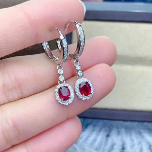 S925 Silver Inlay Myanmar Natural Ruby Earring Ear Clip Exquisite Fashion Pigeons-Blood Ruby Ear Hook Eardrops Classy