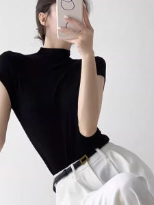 chaqi | Áo thun tay ngắn màu đen bằng lụa băng cổ cao ôm vừa vặn cho nữ mùa hè Áo sơ mi cơ bản thanh lịch có tay áo rộng