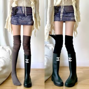 Patchwork Knee Socks Womens White Long Tube Stripes Spring & Fall Maillard Patchwork Knee High Thigh Bunching Socks Female Boot Socks