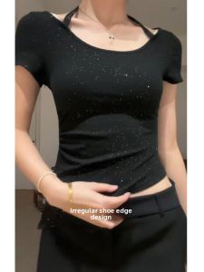 YUEZHONGWEI | French Lace Splice Black Off-Shoulder Short-Sleeve T-Shirt Womens Slim Fit Summer New Style Round Neck Top Korean Style Commute