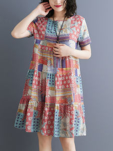 ชุดเดรสแขนสั้นผ้าลินินลายดอกไม้สำหรับผู้หญิงช่วงฤดูร้อนปี 2025 ทรงหลวม กระโปรงทรงเอ ความยาวปานกลาง เดรสทรงเอ