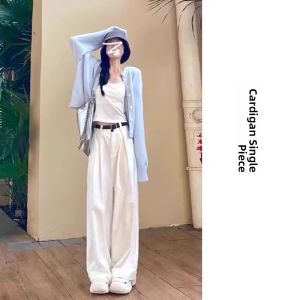 PEIZIXUAN | Laid-back Blue Knit Cardigan Soft Short Sleeved Top