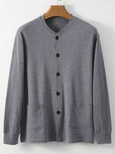Mens Pure Cotton Long Sleeve Sweater Fall Clothes Grandpa Warm Top Button-Up Cardigan Comfortable Breathable Soft Fabric