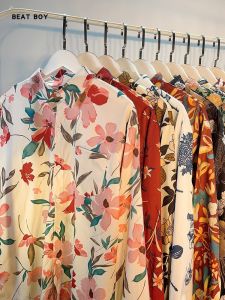 Hong Kong Style Vintage Bandage Dress Retro Long Sleeves Printed Shirt Men and Women Loose Handsome Hawaii Shirt Coat