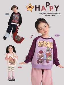 Cute Cartoon Letter Printed Contrast Color Round Neck Fleece Hoodie Girls