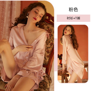 ชุดนอนผู้หญิงผ้าไหมน้ำแข็งสีม่วงเซ็กซี่ ฤดูร้อน 2025 ชุดนอนผ้าซาตินคอวีแขนยาว กระโปรงสั้น ชุดนอนผู้หญิง