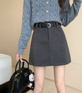 Gray High Waist Woolen A-Line Mini Skirt Thickened Autumn Winter Commute Arm Wrap Skirt Elegant Short Skirt Womens Fashion