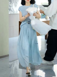 Shalldoer | Bộ đồ hai mảnh mùa hè cho nữ Áo len dệt kim khoét rỗng màu trơn đơn giản Quần dài nửa thân trên Cạp cao Bộ đồ hai mảnh