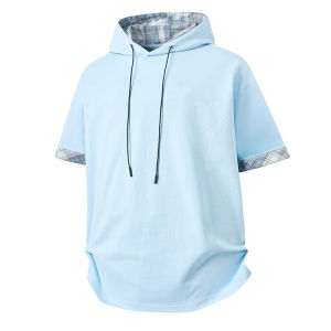 OUMULONG | Patched Plaid Hoodie Short Sleeve T-Shirt Cleanfit