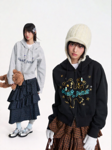 JNXS | Áo Nỉ Ngắn Tay Phong Cách Streetwear Thêu Gấu 3D