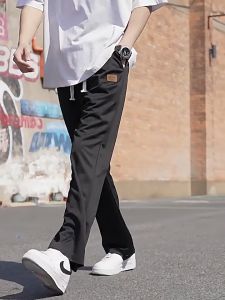 Mens thin breathable loose fit tight waist casual pants with straight leg hanging down feeling sports pants
