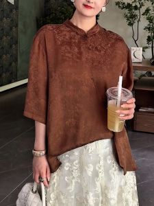 QINGNAER | Retro Plus Size Womens Chinese Style Jacquard Three Quarter Sleeve Shirt