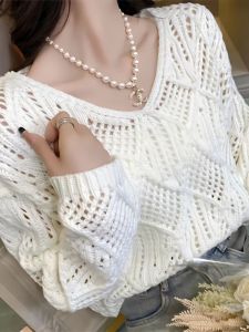Spring 2024 Loose Fit Korean Style Knitwear Sweater Overbody Hollow out Versatile Long Sleeve V-Neck Sweet Style Top for Women