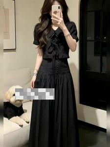CHANGTONG | French Audrey Style Black Lace Two-Piece Set