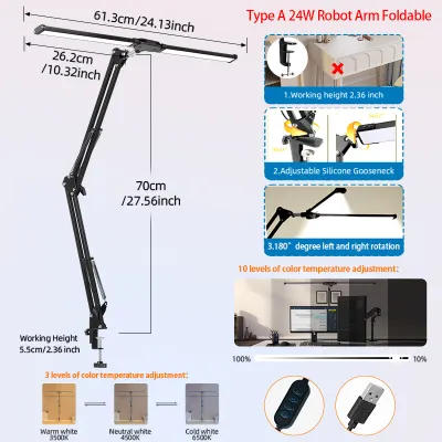 CANMEIJIA LED Table Lamp Dimmable Brightness Double Headed Desk lamp USB Plug 3 Color Modes Desktop Reading Light Foldable Long Arm Computer Monitor Lights with Clip for Office Working Study Eye Protection Lighting Fixture