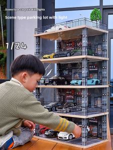 Dustproof Toy Car Model Storage Rack Parking Lot Simulation Display Box Cabinet Lighted Scene Car Model Showcase Wooden Material