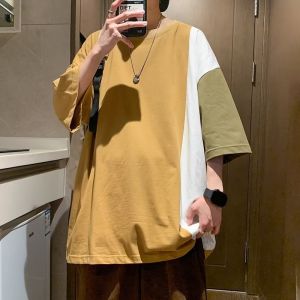 Trendy Loose Fit Short Sleeve T-Shirt Mens Summer Thin Splice Casual Five-Quarter Sleeve Top Student Loose Fit Basic Style
