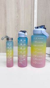 HOMEKING | 3pcs/set Gradient Water Bottle with Straw High Capacity Food Grade Plastic Bottle Water Bottle Gradient Colour Portable Scale Bottle Outdoor Travel