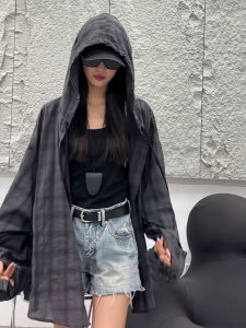 2025 New Womens Lightweight Long Sleeve Hooded Plaid Sun Protection Shirt Coat Spring Summer Breathable Casual Fashion Outerwear