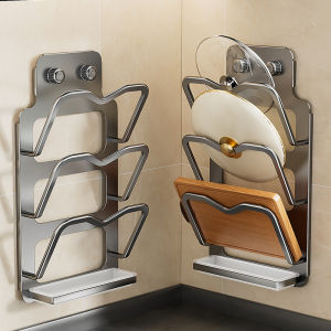 Multi-Layered Kitchen Pot Lid Holder Suction Cup Wall-Mounted Storage Rack Chopping Board Stand Metal Material No-Drilling Installation