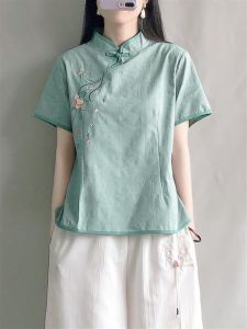 Retro Floral Cotton Linen Shirt Chinese Zen Style Stand Collar Button Short Sleeve Top Summer Womens Fashion Tee