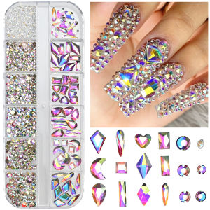 12Grids AB Iridescent Glass Nail Art Rhinestones Mixed Round Heart Moon Sqaure Teardrop Diamond Nails Charms DIY Manicure Decor