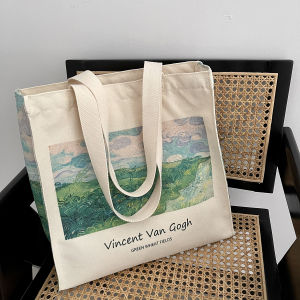 Van Gogh Green Wheat Field Oil Painting Canvas Bag Zip One Shoulder Retro Shopping Bag Student Schoolbag Computer Tote Bag