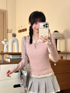 Elegant V-neck Splice Long Sleeve Knitted T-shirt Womens Base Layer Floral Print Stylish Design Casual Commute Polyester Fiber