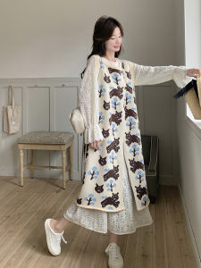 Spring 2025 White Lace Vest Dress Set Womens Fashionable Layering Two-Piece Suit Korean Style Long Sleeve round Neck Print Dress