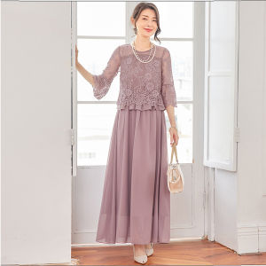 New Womens Long Lace Dress Shangpin Chiffon Evening Party Dress Splice Style Korean Version round Neck A-Line Skirt