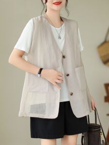 Áo Khoác Ngoài Thời Trang Cao Cấp Bằng Vải Lanh Cotton Mùa Hè Mới Về Cỡ Lớn Thời Trang Phong Cách Cổ Chữ V Nút Đơn Màu Trơn